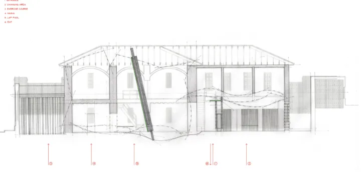 Figure 11: Longitudinal Section. This section showcases the final design of the bathhouse