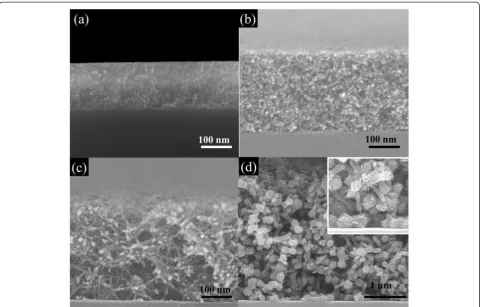 Fig. 5 Cross section images of various morphologies of hematite thin film. a FN(80 °C, 0 %, 5 k) aged for 2 days; b FN(80 °C, 75 %, 5 k) aged for10 h, c FN(80 °C, 75 %, 5 k) aged for 2 days; and d FN(80 °C, 75 %, 0 k) aged for 2 days