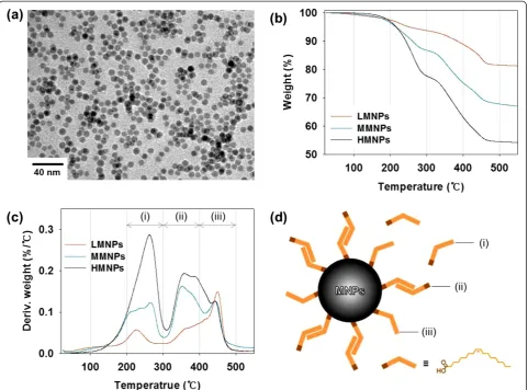 Figure 2 Characterization of PMNPs.change in relation to temperature of the three PMNPs containing different amounts of primary ligand (oleic acid)