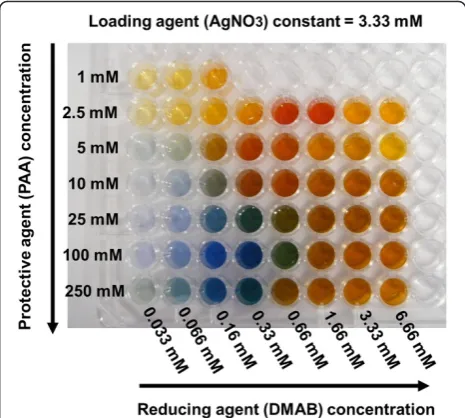 Figure 1 Photograph of multicolor silver map obtained asfunction of variable protective (PAA) and reducing (DMAB)agents.