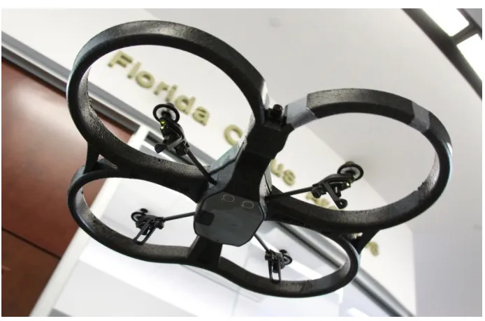 Figure 2: The A.R.Drone 2.0 in flight. The front-facing camera, bottom-facing camera and ultra-sound sensors.