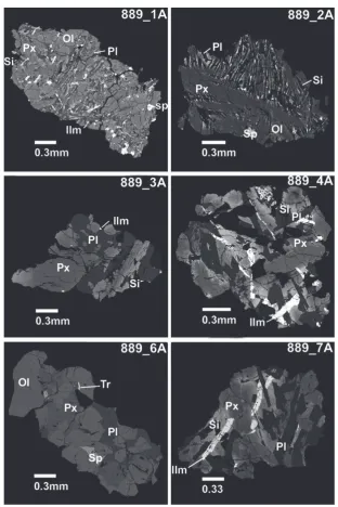 Fig. 1. Backscattered electron (BSE) images samples 12030,187, 12070,891, and 12070, 889_1A to 12A