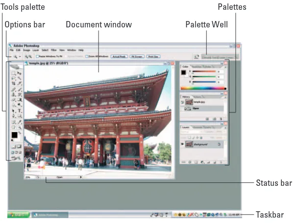 Figure 1-2: The Photoshop desktop consists of many components, including an image document window, palettes, and bars.