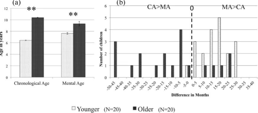 Fig. 2. Experiment 1: (a) Mean CAs and MAs in full sample of younger and older primary school groups