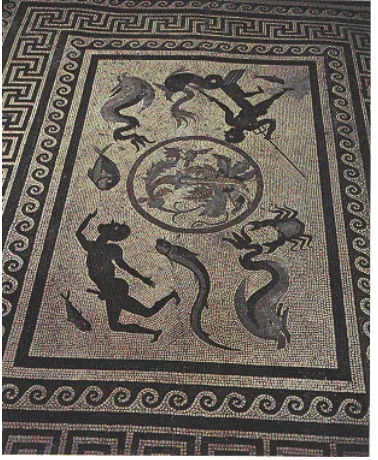 Figure 10: Mosaic floor of the Caldarium  in the House of the Menander; an example  of black figures combined with colored  figures