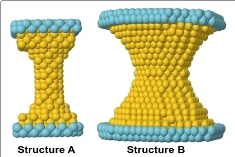 Figure 2 Structure and configurations of contacts. The two initialconfigurations used in the MD simulations are shown: structure A,long and narrow contact and structure B, short and wide contact.