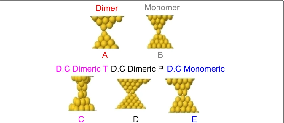 Figure 3 Structures are the point of contact or before breaking from MD simulations. Representative configurations obtained from MDsimulations right before contact or right before breaking are shown