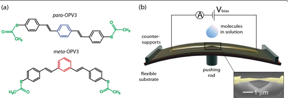 Figure 1 Structures of OPV3-based molecules and MCBJ setup. (a) Structures of OPV3-based molecules studied in this work