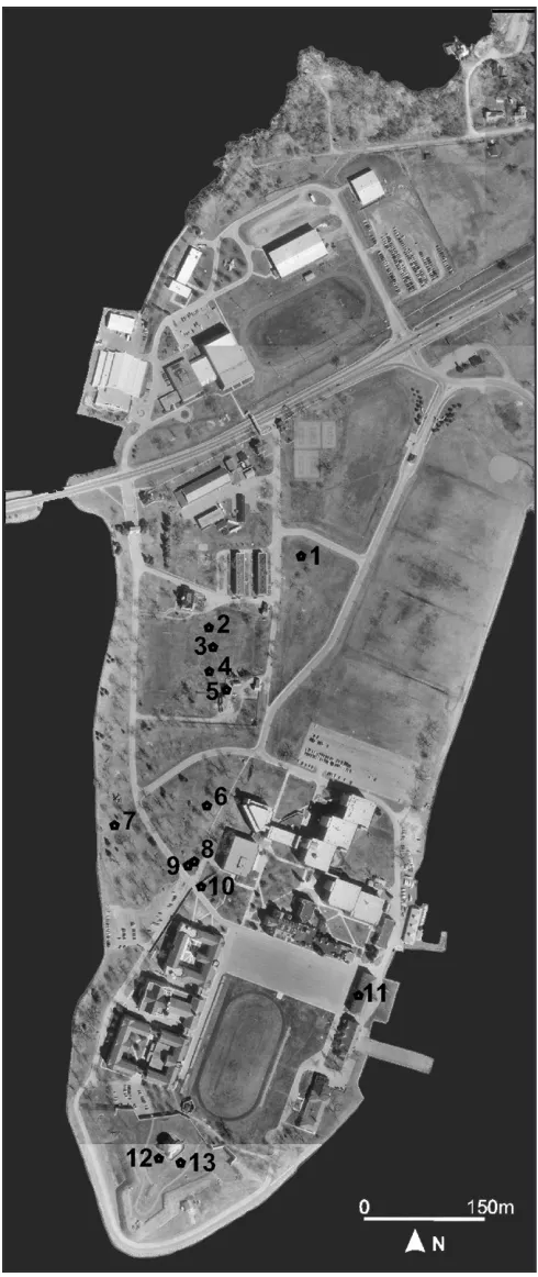 Figure 2. Aerial of Point Frederick showing location of investigated War of 1812 and post-war period archaeological remains and extant structures