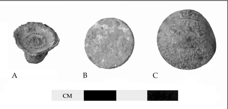 Figure 10. Military buttons recovered at Redan Battery include; (A) 41st Regiment soldier’s coat button struck concave, (B) unmarked pewter button typical of that worn by militia on both sides of the engagement; and (C) 1st Regiment Royal Scots coat button