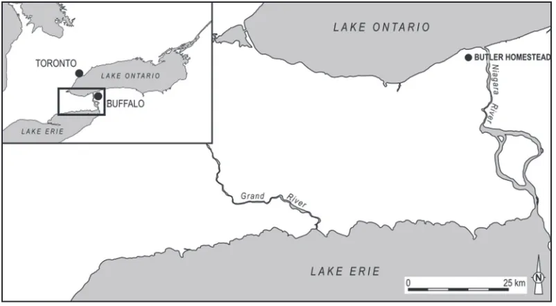 Figure 1. Location of the Butler Homestead site (AhGs-18). (Map by Archaeological Services Inc., 2011.)