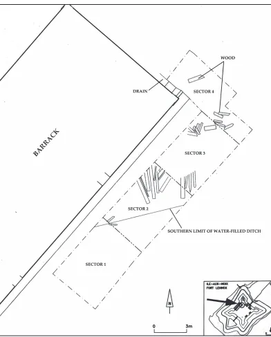 Figure 5. Plan of Parks Canada’s excavations at Fort Lennox, showing where the analyzed wood was found