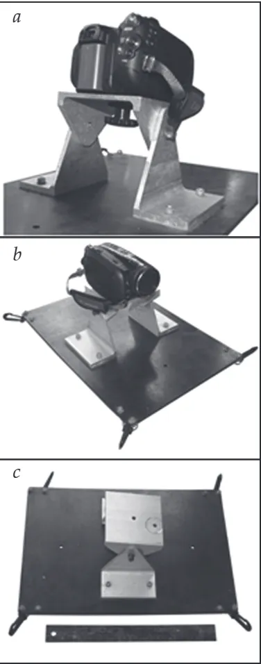 Figure 2. (a) Digital video camera mounted to platform by means of tripod attachment. (b) Aluminum bracket allows adjustment of the camera angle from perpendicular to near parallel to the ground