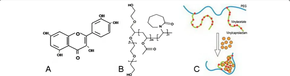 Figure 1 The structure of quercetin (A), soluplus (B) and formation of PMs (C).