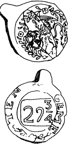 Figure 11. from Key Corp site, Albany; width: Haerlem; legend: Cloth seal; A) front: coat of arms of (H)A(ERLEMS GOET); B) reverse: 19; 2.9 cm