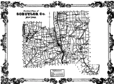 Figure 1. View of region surveyed under the New Military Tract grid system as it appeared in the 1870s, showing primary roads correlating with the gridlines, along with later secondary roads that evolved within the grid (Pierce & Hurd 1879: 29)