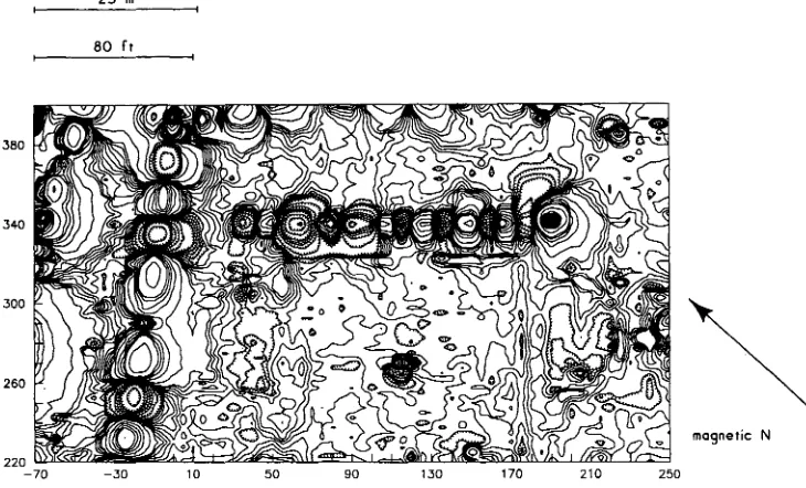 Figure 4. The magnetic effect of underground pipes at Fort Necessity. The bead-like patterns shown on this map are caused by four iron pipes
