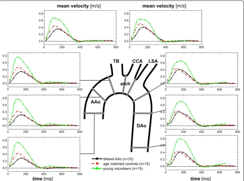 Figure 5 Dynamics of mean blood flow velocities in eight standardized analysis planes distributed along the thoracic aorta