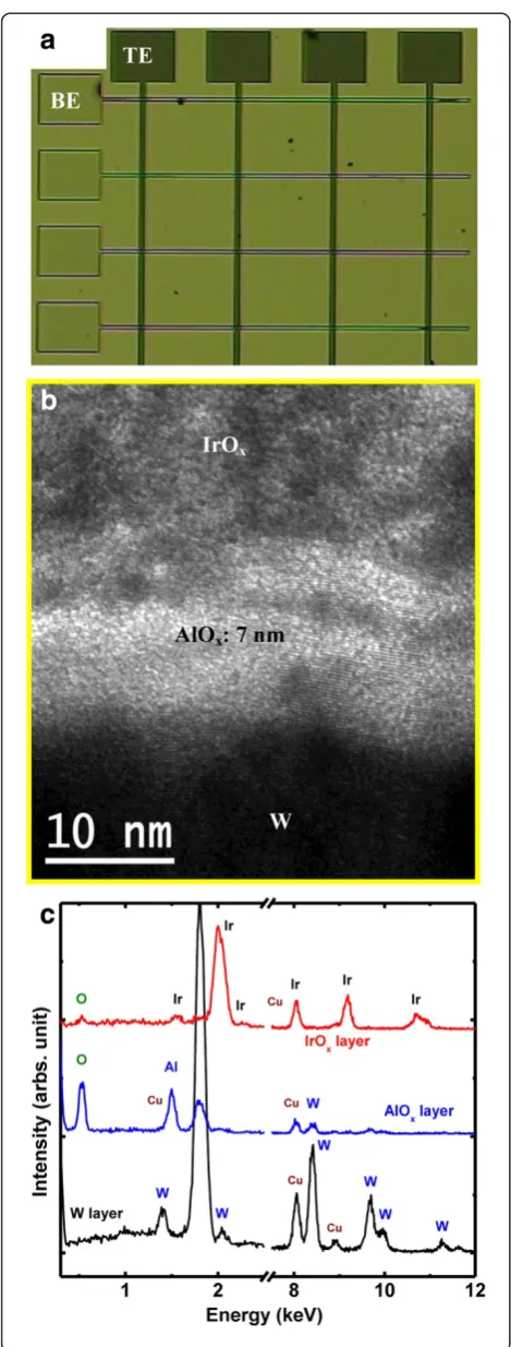 Figure 3 Morphology and composition of an IrOx/AlOx/Wcross-point structure. (a) OM image
