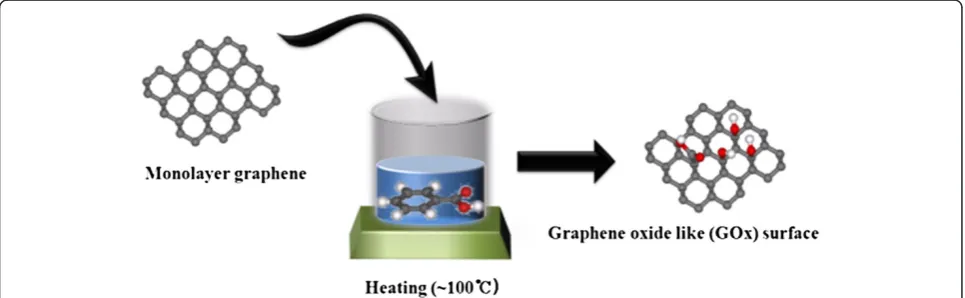 Figure 1 The method how fabricating graphene-oxide-like (GOx) surface. The scheme indicates that the fabrication of the GOx surfacesusing benzoic acid.