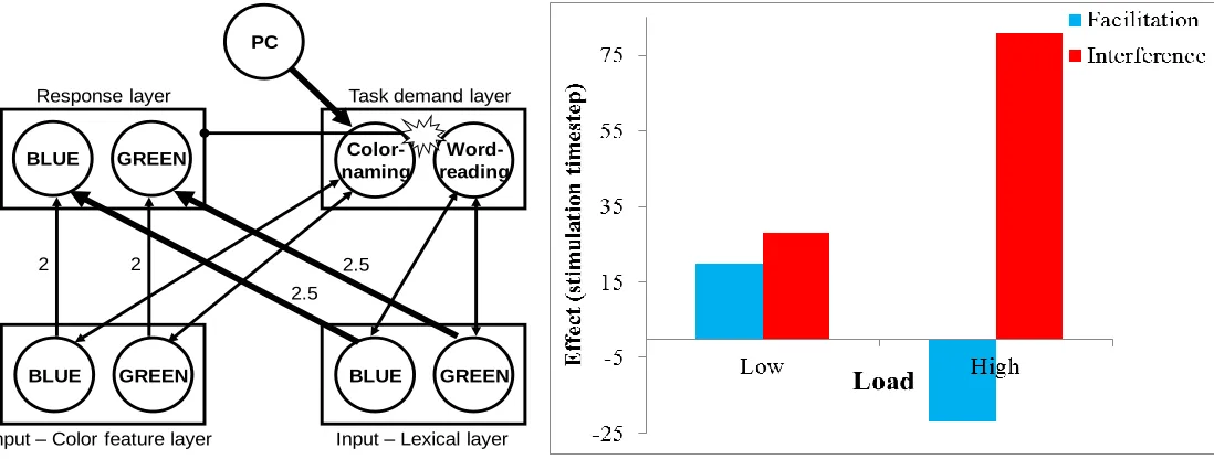 Figure 1 (adopted from Kalanthroff, Avnit, Henik, Davelaar, & Usher, 2015). Left: A schematic model demonstrating the work of two task-control units in the Stroop task, which project and receive projection from sensory layers
