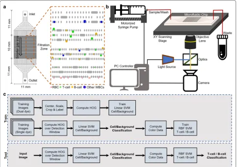 Fig. 1 Overview of the proposed system. a Design of the microfluidic chip, blood is pumped into the device via inlet port