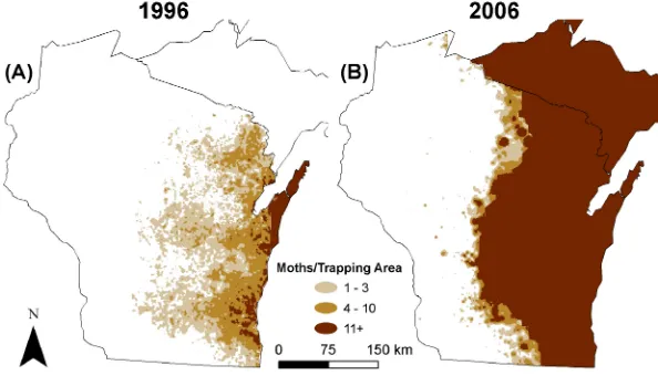 figure below shows data related to the spread of gypsy moths in Wisconsin over a ten-year