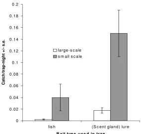Figure 4:  A comparison of scent and fish baits in a small scale experiment over five small offshore islands, and a larger scale field trial in the Uists (Figure 7, after Roy et al