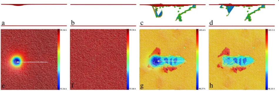 Figure 3 Defect structures and surface morphologies after scratching and retraction under D1 and D2 (a,b,c,d)