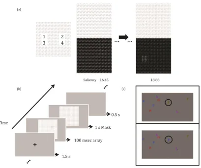 Figure 1 (a) Example images of the Randmorph Task (top) and associated saliency map (bottom; for implementation see Papera, Cooper, & Richards, 2014)
