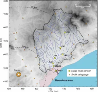 Figure 4. Besòs river basin, topography and observational net- net-work 
