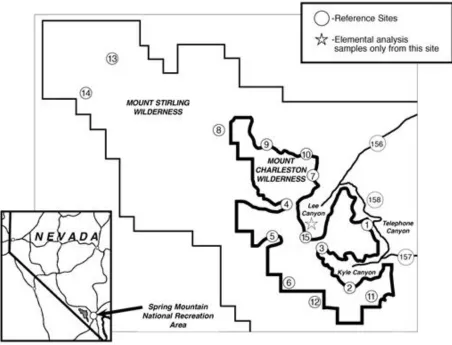 Figure 1.  Spring Mountains air quality bio-monitoring collection sites with inset showing the general location of the National Recreation Area within the state of Nevada (St