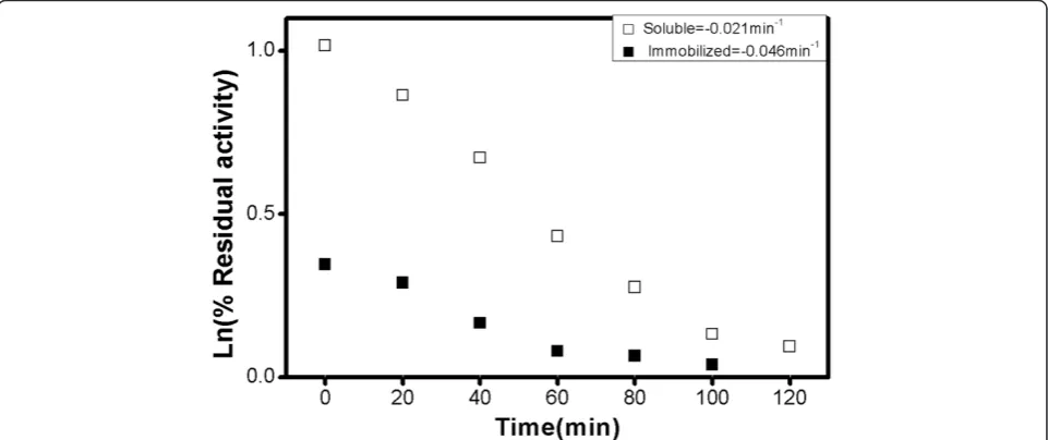 Figure 5 First-order rate constant calculations from semi-logarithmic plot of residual activity of soluble and immobilized peroxidaseduring incubation (50°C).