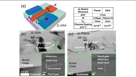 Figure 1 JL GAA device structure in JL TFTs and TEM images for JL GAA and JL planar. (a)parameters in JL TFTs
