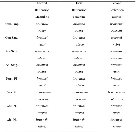 Table 4.  First and Second Declension Adjectives:  brunneus, -a, -um = brown, and