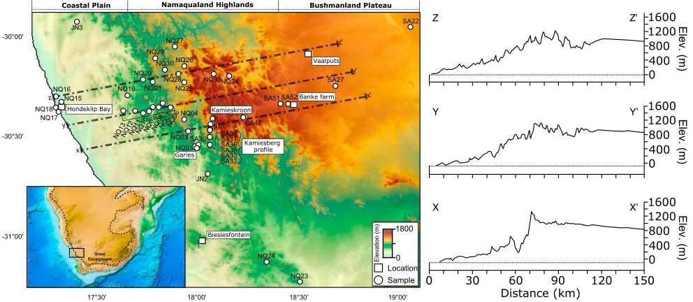 Figure 1. Insetpromodel created using SRTM90m data. Elevation map is draped over Landsat ETM+RGB:321 satellite images to enhance local relief and geomorphic features