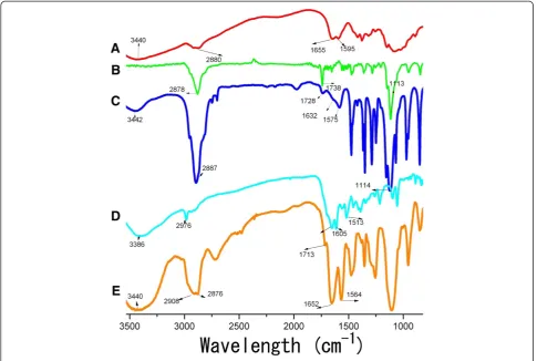 Figure 3 FTIR spectra of the (A) CS-NPs, (B) PEG, (C) PEG-CS-NPs, (D) MTX, and (E) (MTX + PEG)-CS-NPs.