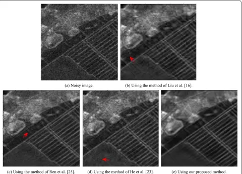 Fig. 9 Close-ups of the same part of the noisy image (a) and relevant denoising results obtained by different methods (b–e), when mixing theoriginal image in Fig