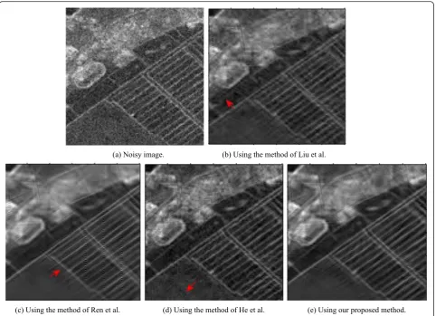 Fig. 12 Close-ups of the same part of the noisy image (a) and relevant denoising results (b–e), when mixing the original image in Fig