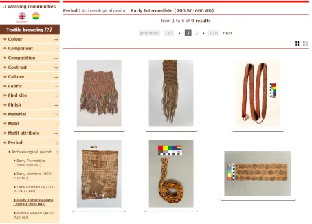 Fig. 3.The Textile Browsing facility allows the user to explore textiles by navigating through the classiﬁcation hierarchies.Sources of textile samples clockwise from top left: British Museum [Am1954,05.448]; British Museum [Am1907,0727.4]; MuseoNacional d