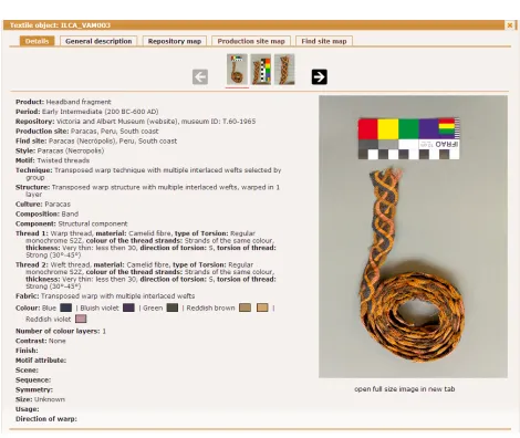 Fig. 4.Display of details of a textile object (ILCA VAM003) in the Textile Browsing facility