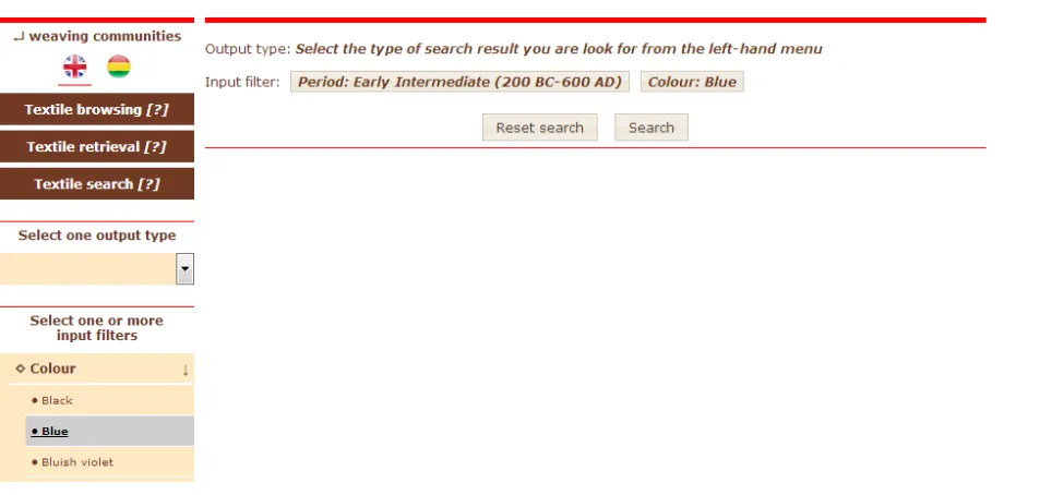 Fig. 5.The Textile Search Facility, with input ﬁlters selected and output type to be selected.