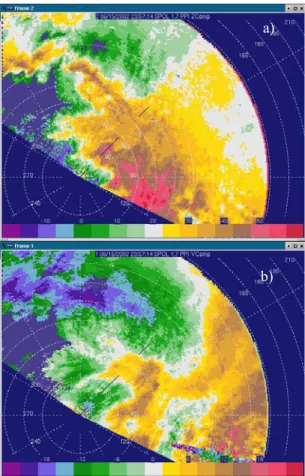 Figure 11 shows the difference fields for a)  reflectivity (Zcomp – Z) and b) radial velocity  (Vcomp – V)