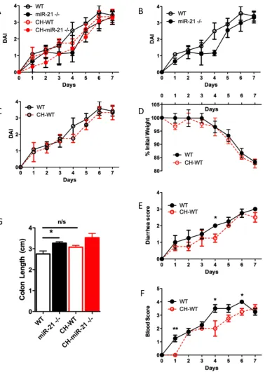 Figure 3.11 Wild-type mice cohoused with miR-21 -/- mice are protected from DSS colitis compared to wild-type controls