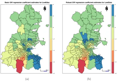 Figure 9: (a) Basic and (b) robust GW regression coeﬃcient estimates for LowEduc.
