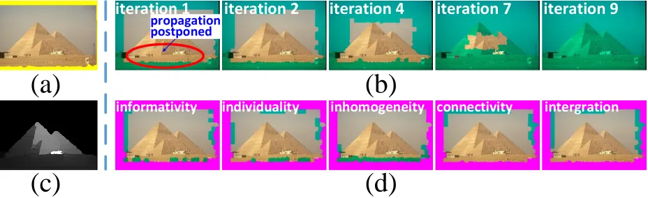 Figure 5: Visualization of the designed propagation process. (a) shows the input image with boundary seeds (yellow).(b) displays the propagations in several key iterations, and the expansions of labeled set L are highlighted with lightgreen masks