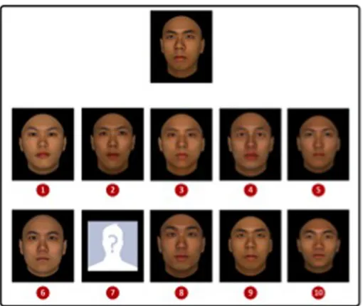 Fig 4. An example trial screen from Experiment 2 showing an Asian CGR target present trial.Participants were required to identify the target depicted at the top of the screen in the array below