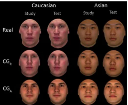 Fig 1. Example Caucasian and Asian stimuli in the three formats used in Experiment 1: Real, CGR,CGA