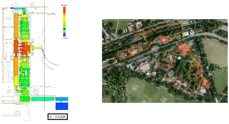 Fig. 4. Left: Visitor flow visualization at the British Museum. The images were constructed using the open source UCL 