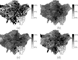 Figure 5: Probabilities of preterm birth: (a) observed, and smoothed utilizing (b) the proposed model, (c)the model of Fern`andez & Green (2002), and (d) an MCAR model.